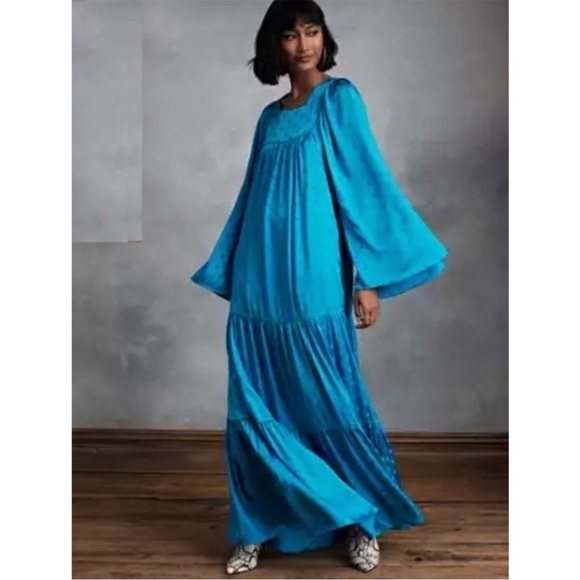 Happy X Nature Daydream Maxi Dress Blue Jewel Satin Polka Dot Wide Sleeve Size M - Picture 3 of 14